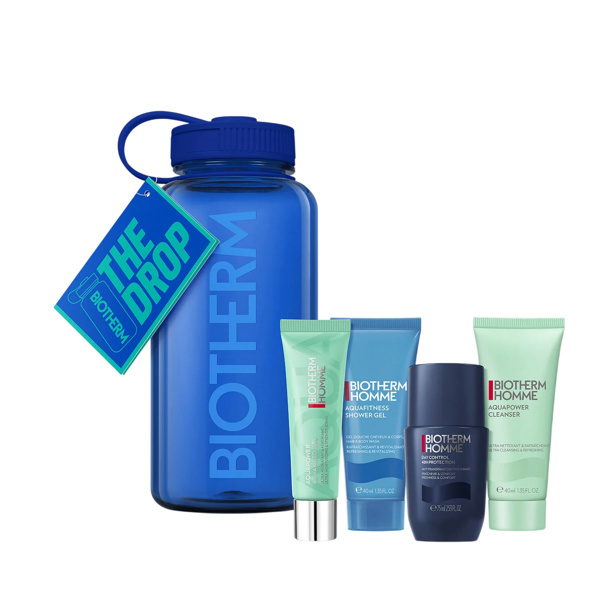 Set Biotherm: Aquafitness, Shower Gel, 40 ml + Day Control, 72h Protection, Deodorant Roll-On, For Men, 75 ml + Aquapower, Eliminates Impurities, Cleansing Gel, For Face, 40 ml + Aquapower, Hydrating, Daily, Gel, For Face, 30 ml + Biotherm, Water Bottl...
