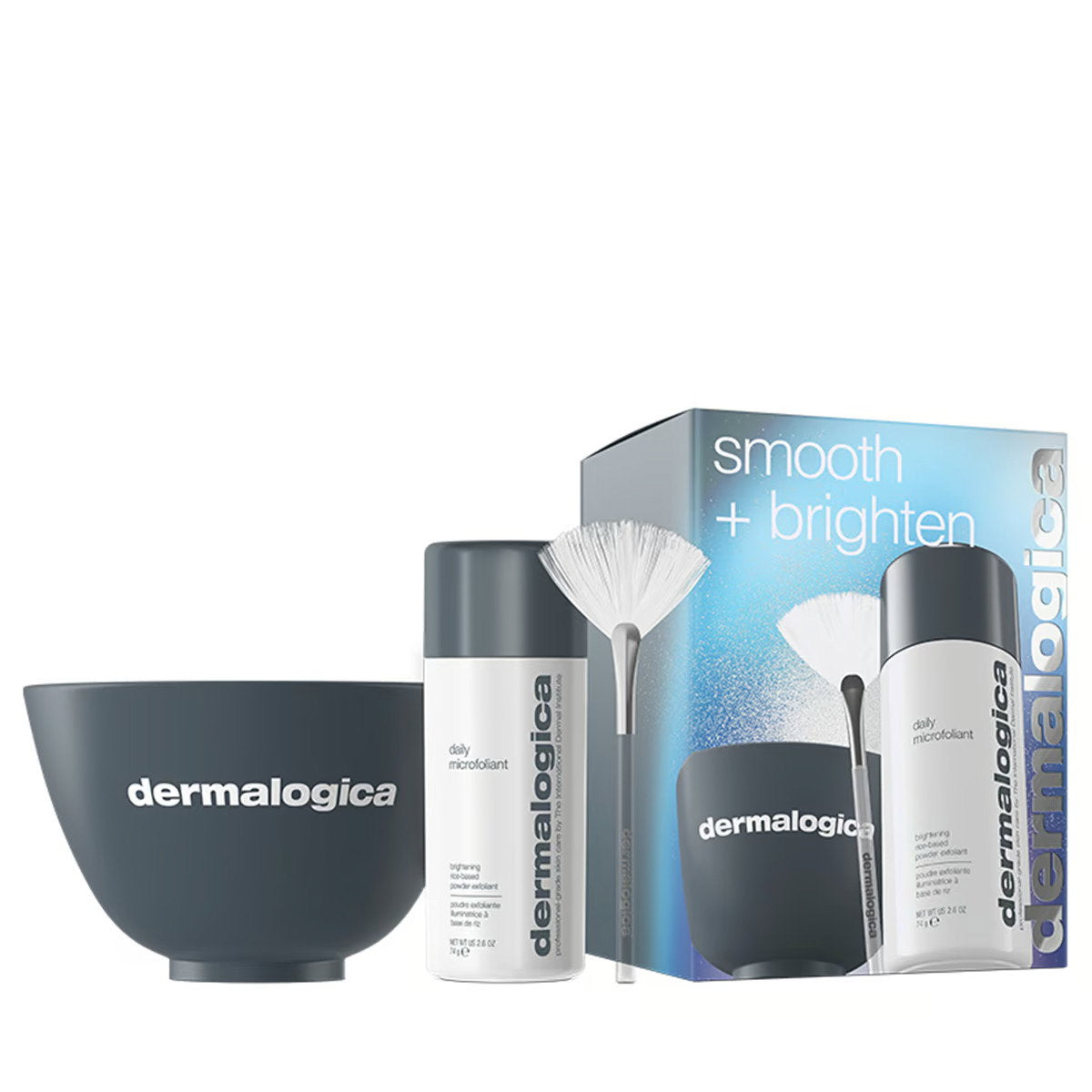 Smooth + Brighten Set Dermalogica: Daily Microfoliant, Exfoliating, Exfoliating Powder, 74 g + Masque Fan, Multi Face Brush + Dermalogica, Plastic Colour Mixing Bowl, Grey